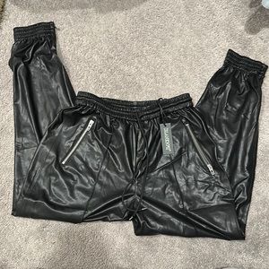 Black faux leather joggers